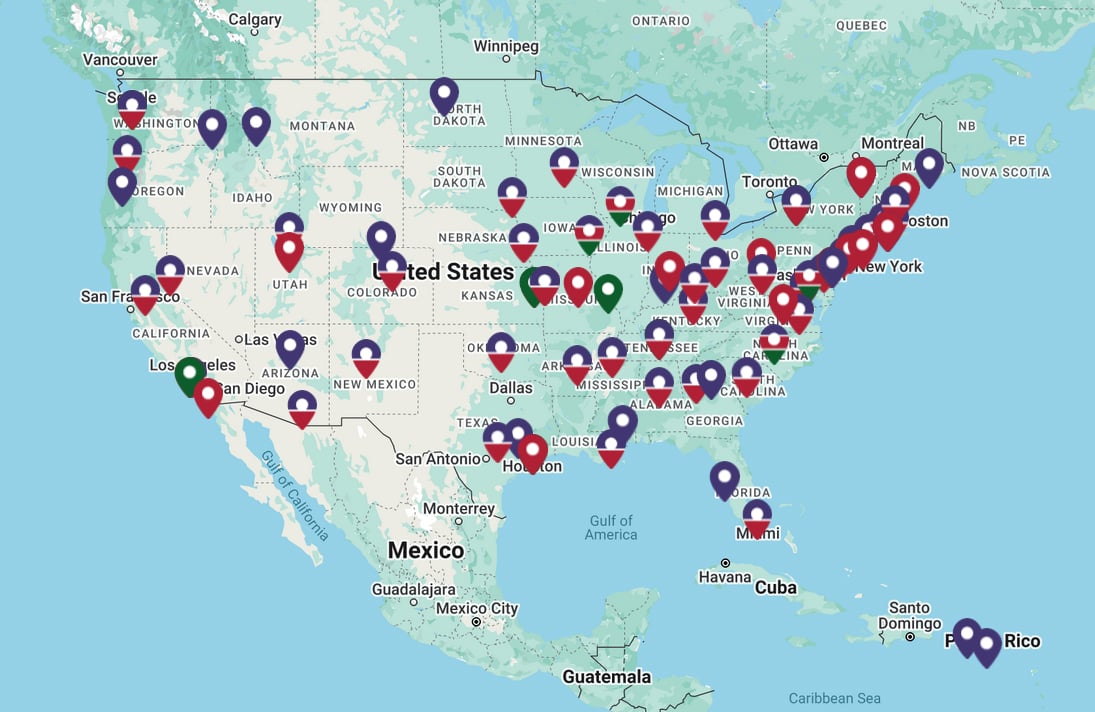 The map of the United States of America, Mexico, and territories with markers indicating AUCD Network Centers and Programs.